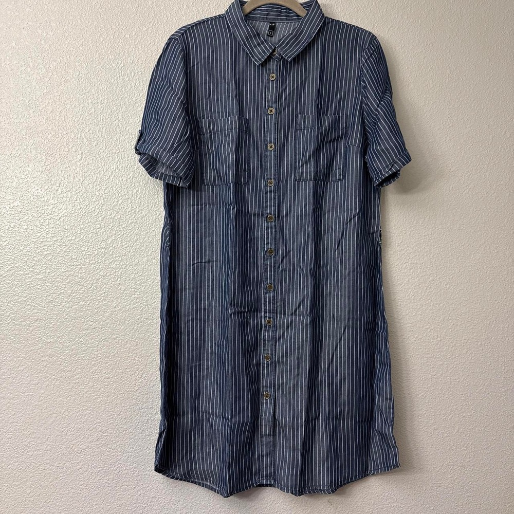 FSP Women's Navy Pinstriped Short Sleeve Button Down Flowy Tiered Babydoll Dress